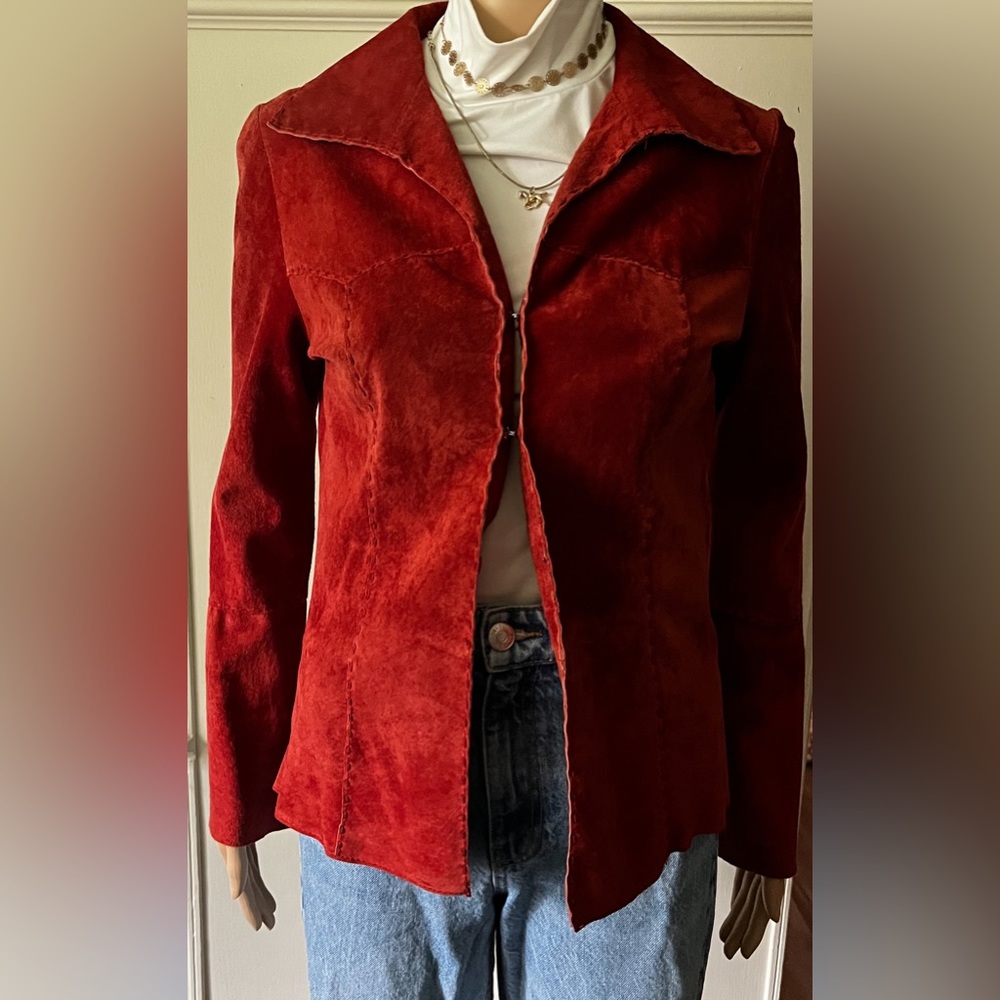 GORGEOUS Vintage 90s Wet Seal 100% Leather Rust Red/Orange Suede 70’s Style Coat - Picture 2 of 14